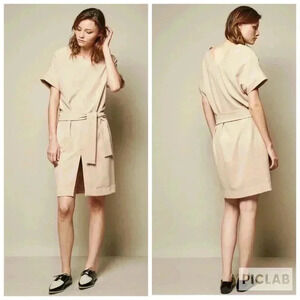 New Achro Belted Slit Front Dress Beige Sz S
